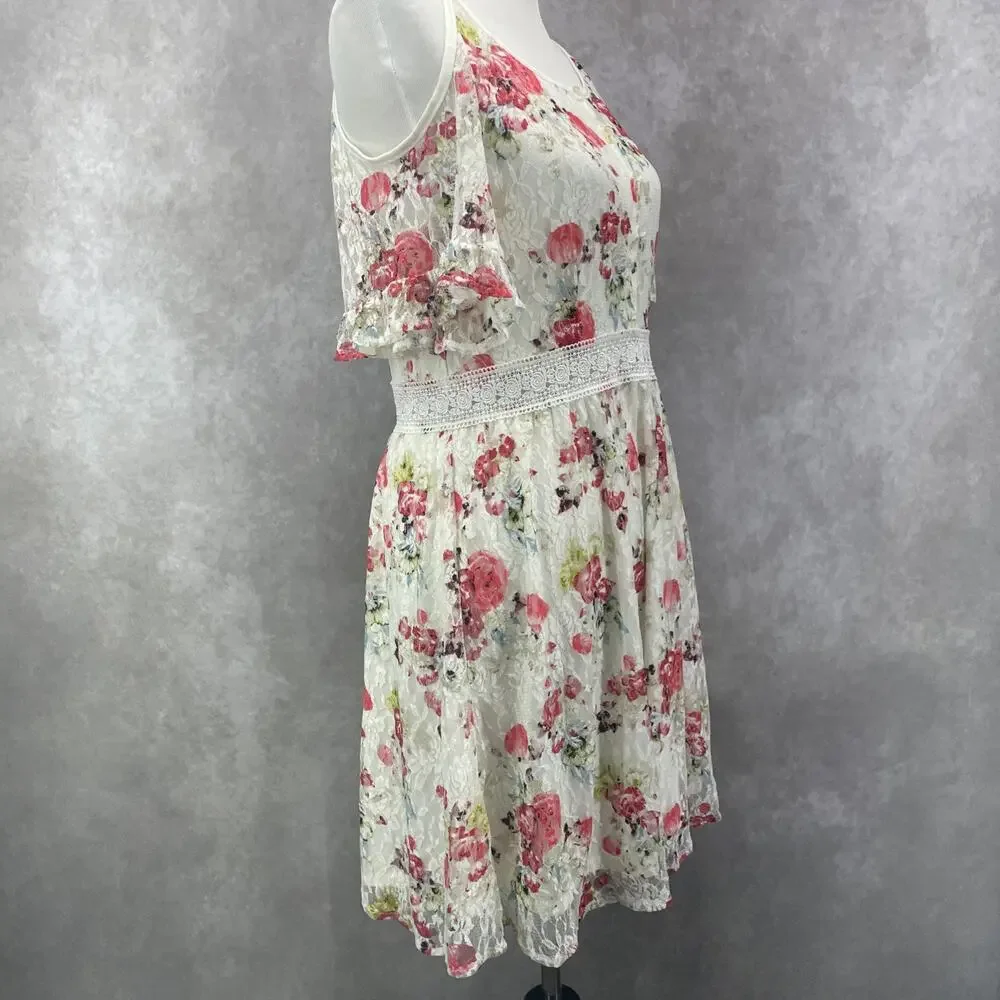 NWT Disney Beauty & The Beast Womens L Floral Wht Lace Dress Peek A Boo Shoulder